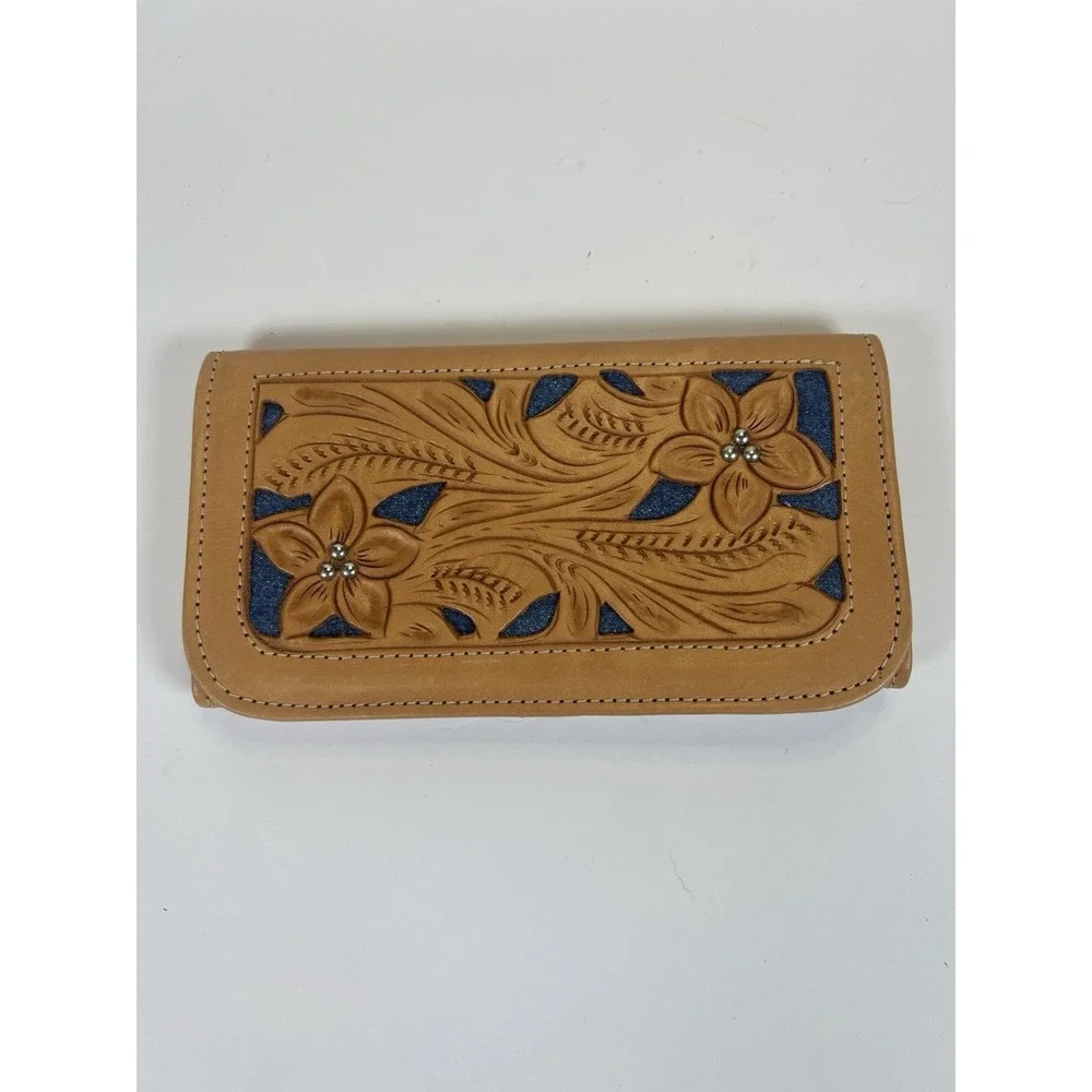 Western Leather Hand Tooled and Metal Studded and Painted Women's Wallet